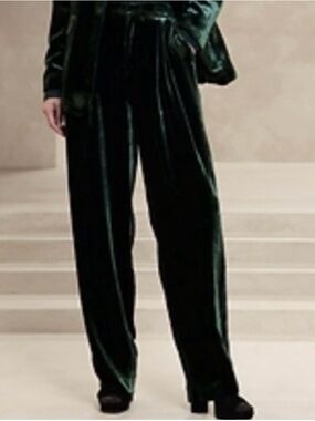 Banana Republic Norte Pleated Velvet Trousers Green 10 Holiday Party Silk Pant